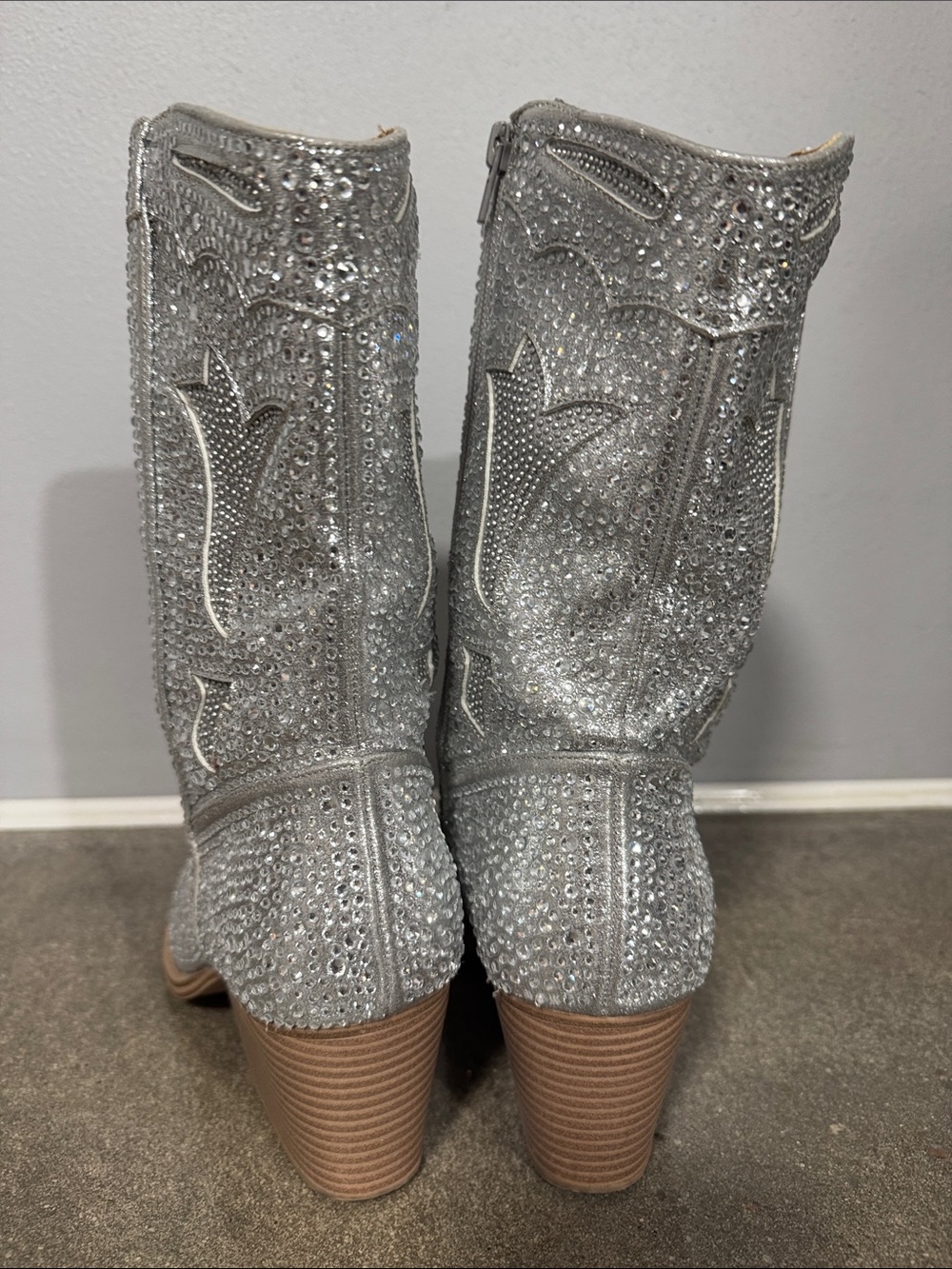 Crown Vintage Starry Rhinestone Western Boots Silver Glitter Pointed Toe Size 10 - Picture 7 of 10